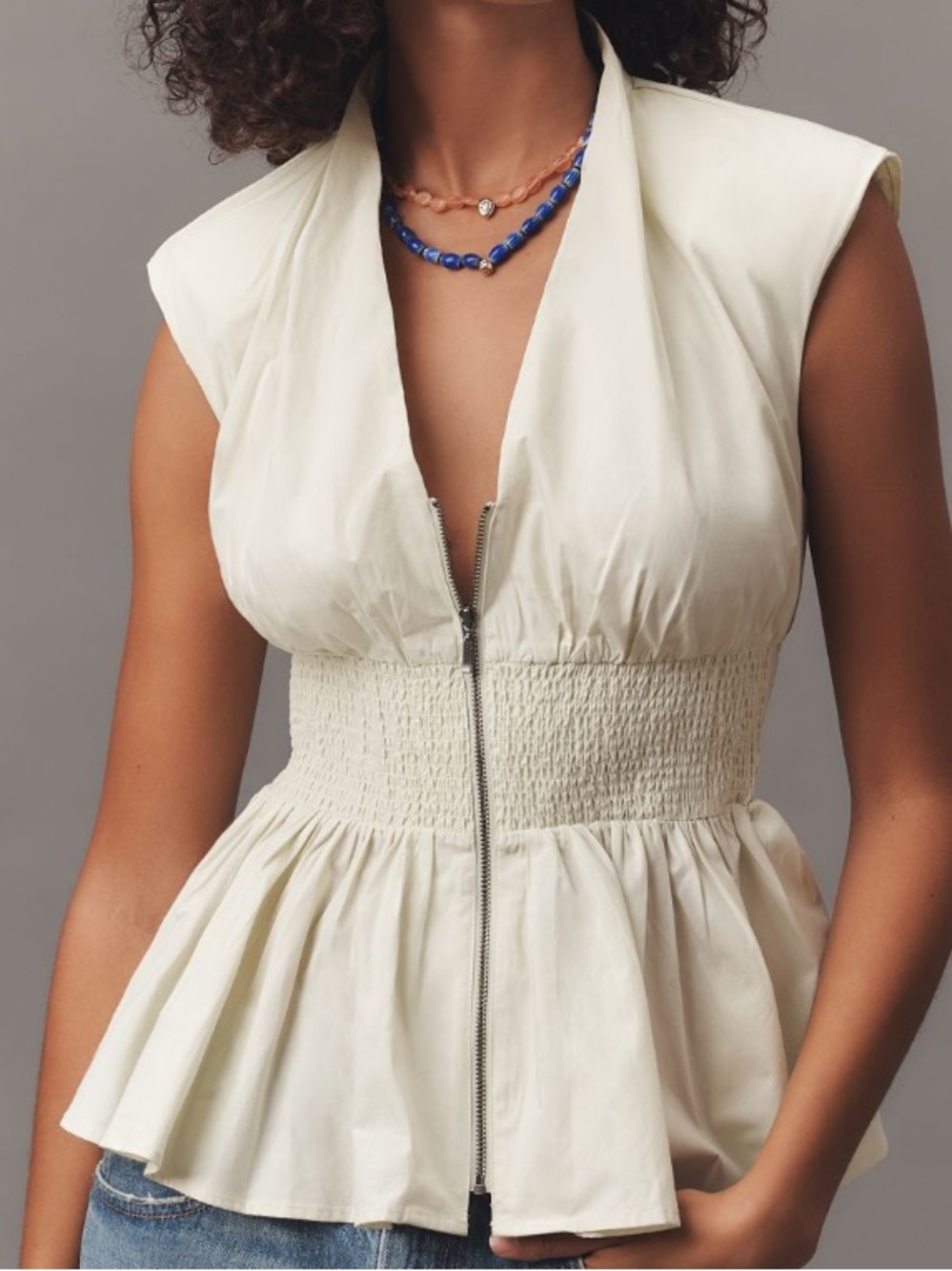Tommie Cap- Sleeve Smocked Front Zip Shirt